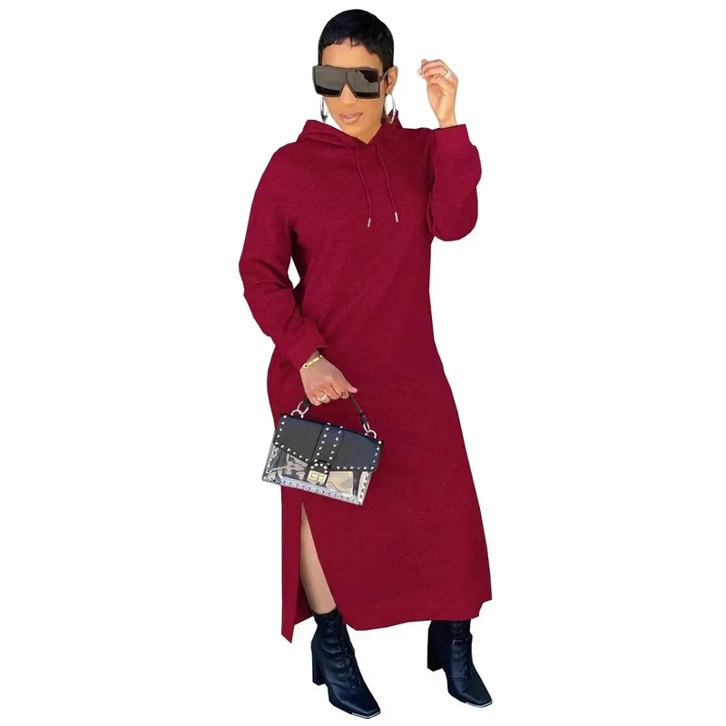Wholesale solid color color Hooded Sweater dress with split（CL9618）