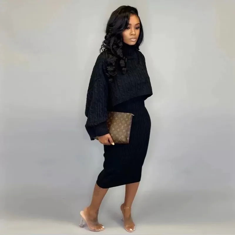 Wholesale wool dress  turtleneck sweater 2pcs set（CL9574）