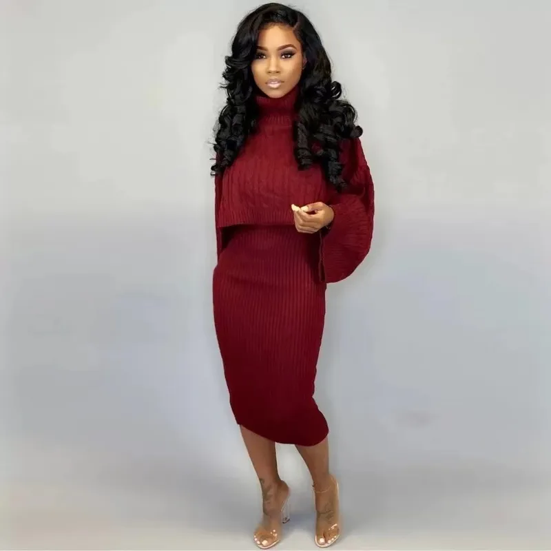 Wholesale wool dress  turtleneck sweater 2pcs set（CL9574）