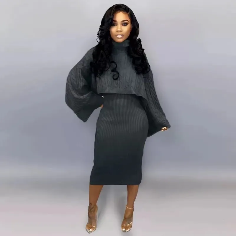 Wholesale wool dress  turtleneck sweater 2pcs set（CL9574）