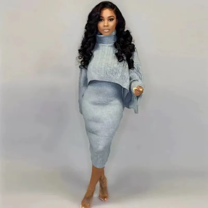 Wholesale wool dress  turtleneck sweater 2pcs set（CL9574）