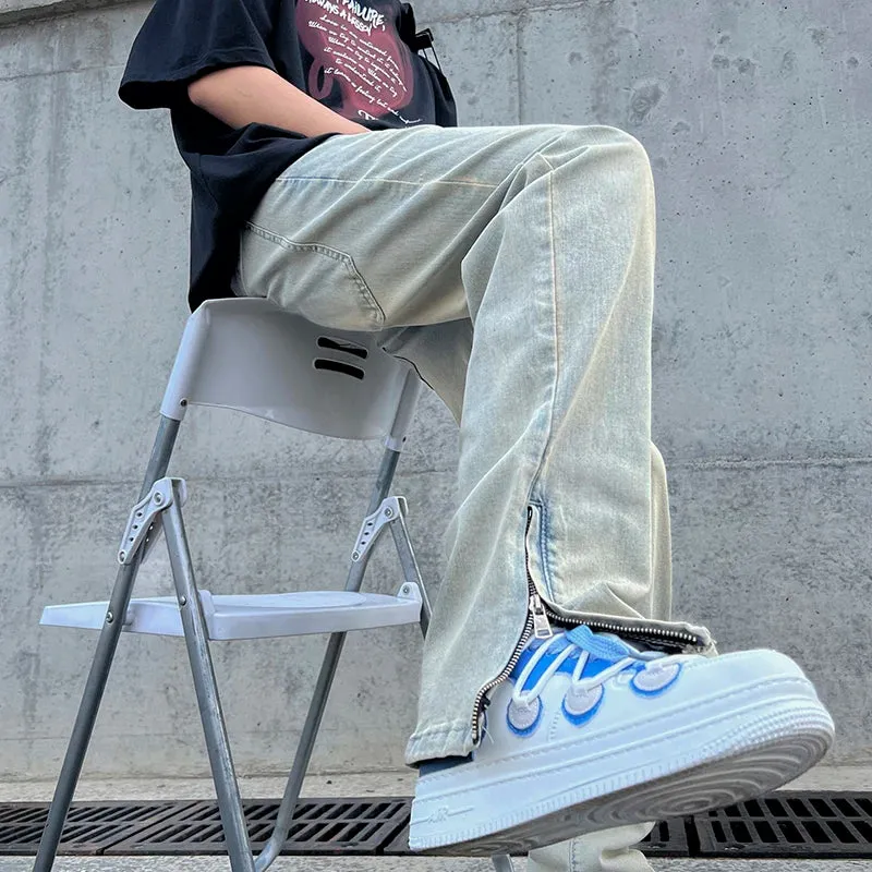 Wiaofellas  -  High Street Mud Yellow Micro La Elastic High Waist Boys' Denim Pants American Side Zipper Design Feel Pants