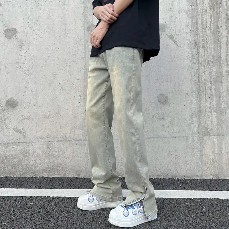 Wiaofellas  -  High Street Mud Yellow Micro La Elastic High Waist Boys' Denim Pants American Side Zipper Design Feel Pants