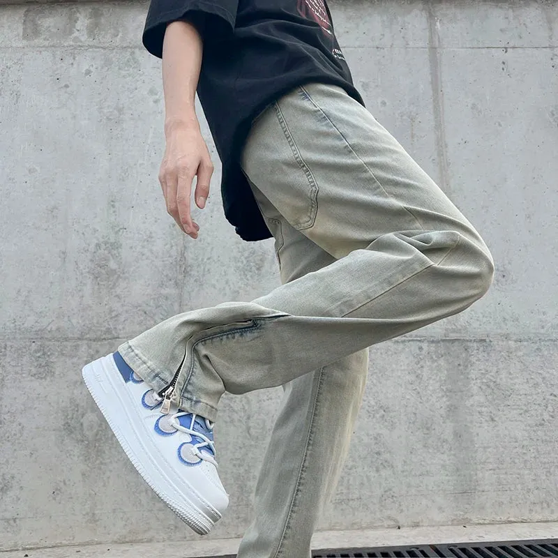 Wiaofellas  -  High Street Mud Yellow Micro La Elastic High Waist Boys' Denim Pants American Side Zipper Design Feel Pants