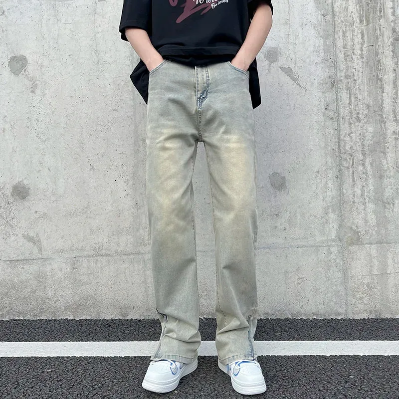 Wiaofellas  -  High Street Mud Yellow Micro La Elastic High Waist Boys' Denim Pants American Side Zipper Design Feel Pants