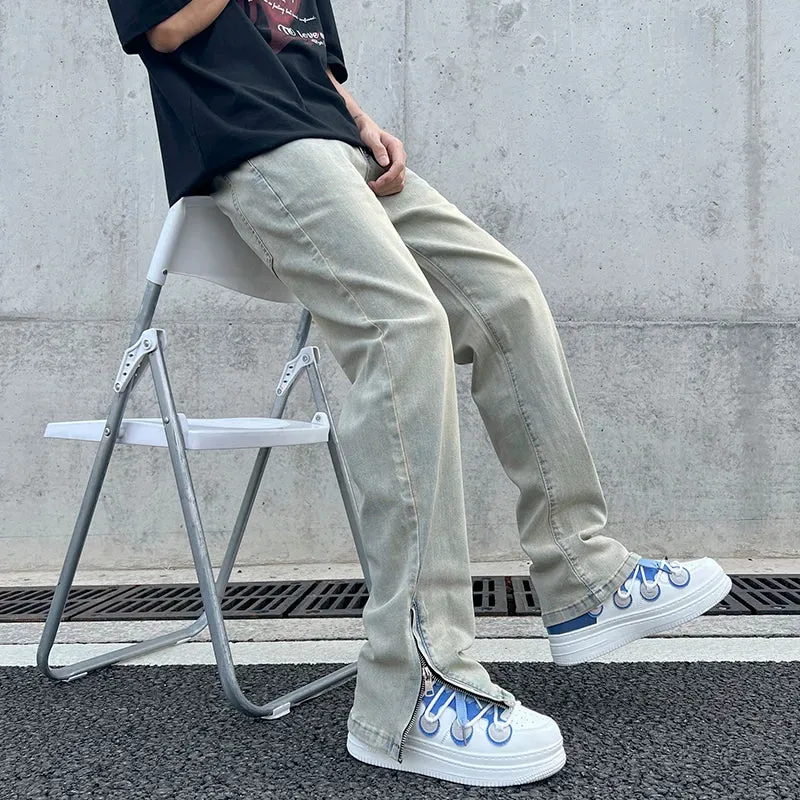 Wiaofellas  -  High Street Mud Yellow Micro La Elastic High Waist Boys' Denim Pants American Side Zipper Design Feel Pants